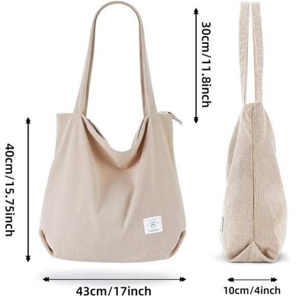 KALIDI Corduroy Tote Bag Zipper Shoulder Bag Large Casual Purse with Pockets - Picture 3 of 7